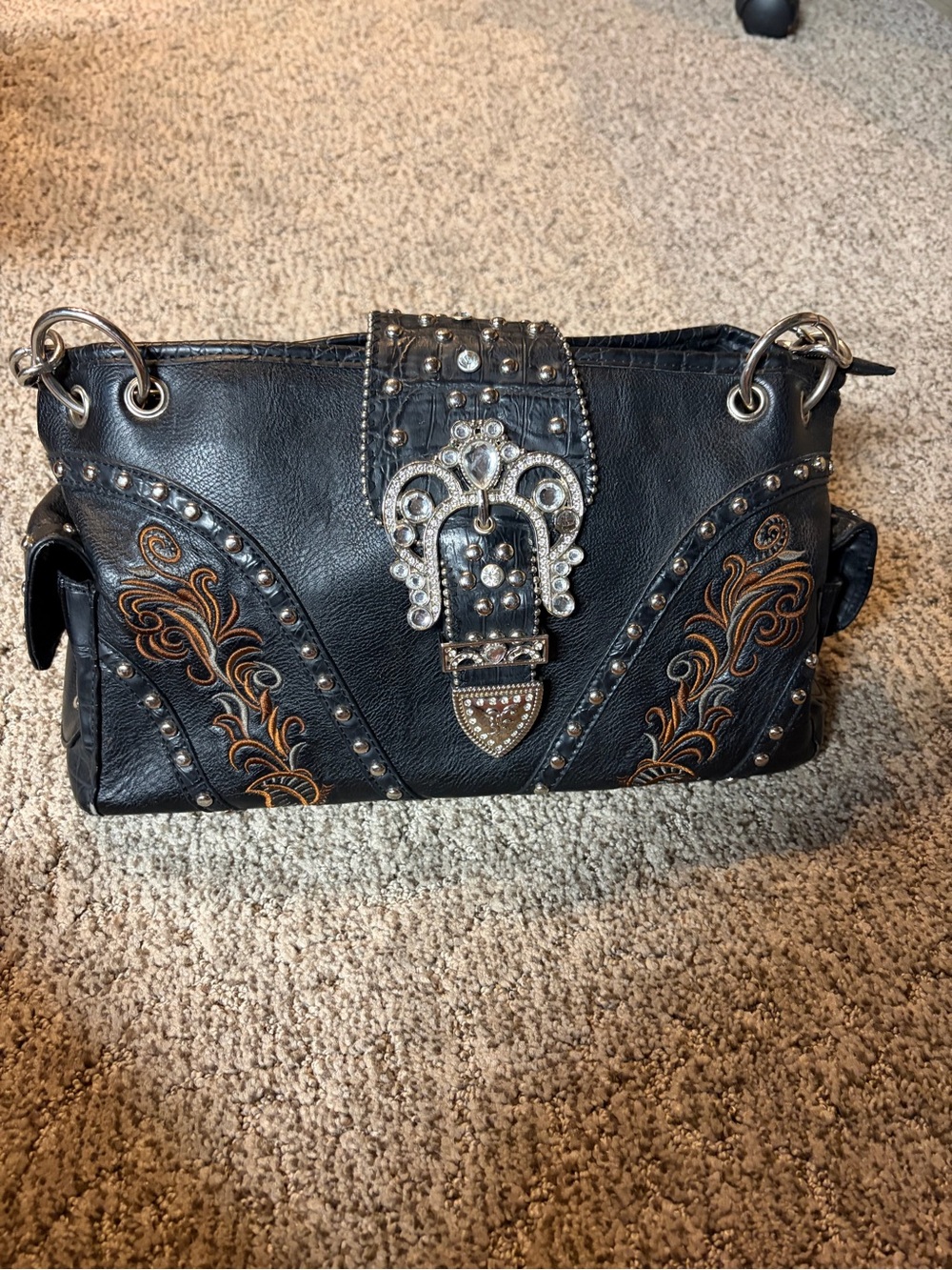 Black Shoulder Bag with Brown Embroidery & Rhinestone Buckle